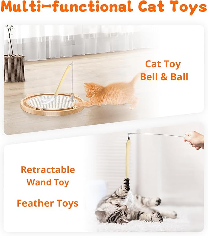 3-in-1 Cat Toys, Scratcher, Toys for Indoor Cats, Natural Sisal Scratching Board, Kitten Interactive with Ball Track & Retractable Wand Toy & Feather-Mewly Pet