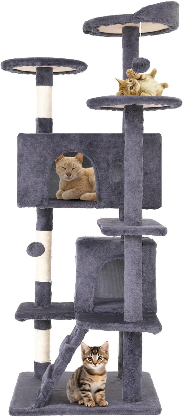 54.7 inches Cat Tower for Indoor Cats Multi-Level Cat Condos for Cat Tree Cat Climbing Tower with Scratching Posts, Hanging Toys,Ashy-Mewly Pet
