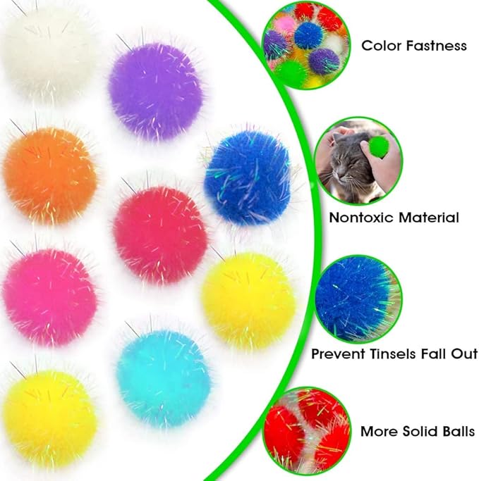 20 Pieces 2 inches Sparkle Pom Pom Balls for Cat - Interactive Glitter Balls, Multicolor, Best as Kitten Play Toys-Mewly Pet