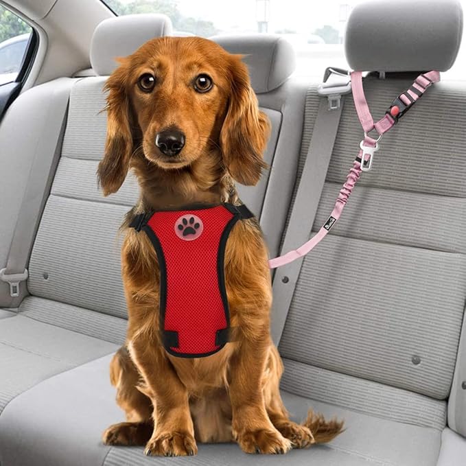 SlowTon Dog Seat Belt for Car, 2 Pack Dog Car Harness Seatbelt Adjustable with Elastic Bungee Buffer, 2 in 1 Pet Car Leash Headrest Restraint Dog Reflective Safety Tether (Pink, Headrest+Clip)-Mewly Pet