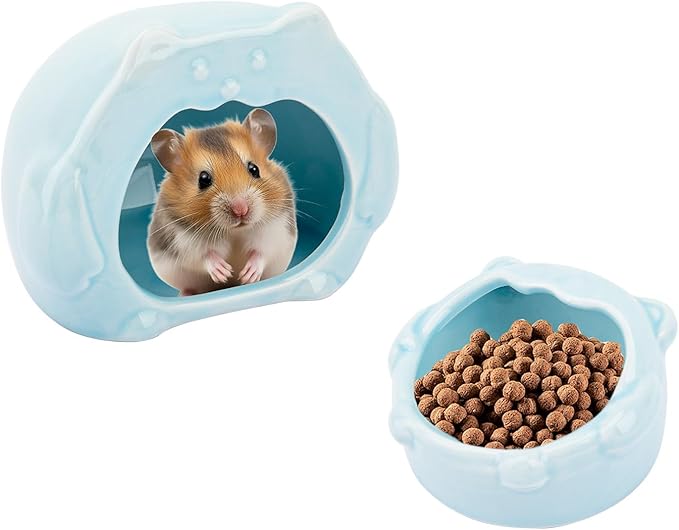 Bear-Shaped Hamster Hideout & Food Bowl Set - Ceramic Habitat for Syrian Dwarf Hamsters, Mice, Gerbils - All-Season Use, Chew-Proof Ceramic House and Feeding Dish for Small Pets(Blue)-Mewly Pet