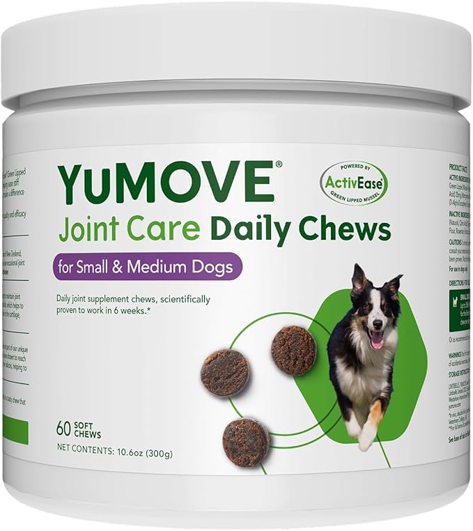 YuMOVE Hip & Joint Supplement for Dogs - With Glucosamine Chondroiton, Green Lipped Mussel , Hyaluronic Acid, and Omega 3 Joint Supplement for Stiffness and Mobility - 60 Chews (Small/Medium Dogs)-Mewly Pet