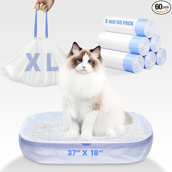60 Pack Jumbo Cat Litter Bags - 3MIL Extra Thick Leakproof Litter Box Liners, 37"x18" Heavy Duty Drawstring Cat Litter Liners for Automatic Litter Box, Odor Control Disposable Kitty Litter Bags 6 Roll-Mewly Pet