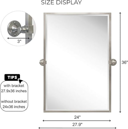 TEHOME 28.5 x 36 inch Brushed Nickel Metal Framed Pivot Rectangle Bathroom Mirror in Stainless Steel Tilting Beveled Vanity Mirrors for Wall