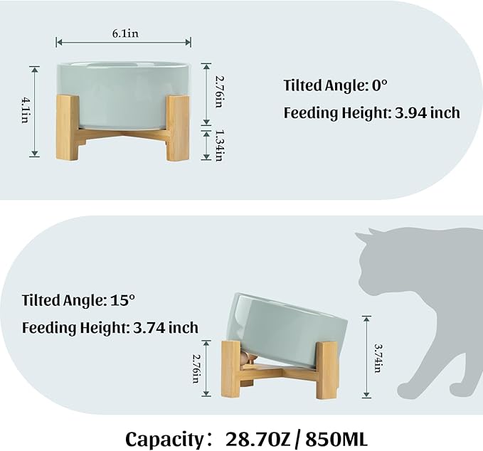 SPUNKYJUNKY 15° Slanted Ceramic Dog and Cat Bowl with Wooden Stand, Tilted Bulldog Food and Water Bowl No Slip Non-Spill for Cats Medium Dogs Big Face Pets 28.7 OZ (3.6 Cups, Morandi Green)-Mewly Pet