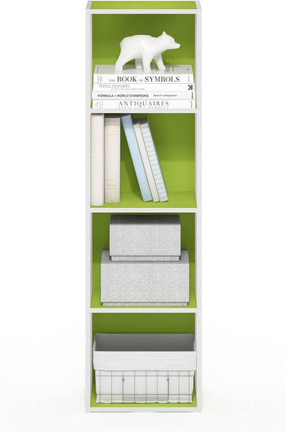 Furinno PASIR Book Shelf, 4-Tier Modern Bookshelf, Open Shelves Bookcase 9" x 12" x 42", for Living Room, Bedroom, Home Office, Green/White