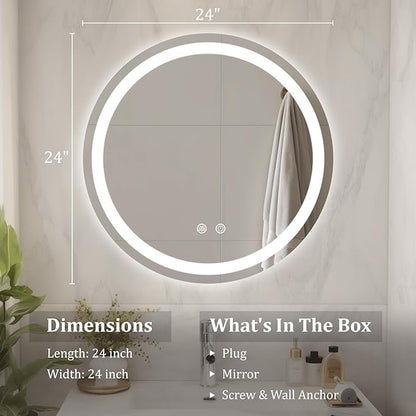 WallBeyond LED Bathroom Mirror with Lights, 24'' Round Light Up Bathroom Mirror for Wall with Front and Backlit, Anti Fog Led Mirror for Bathroom, 3 Colors and Dimmable Light