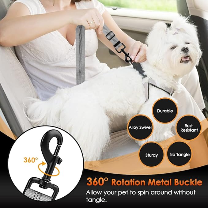 SlowTon 2 Pack Dog Seat Belt, 2 in 1 Attachment, Hook Latch Bar or Seatbelt Buckle with Elastic Nylon Bungee Buffer Adjustable Reflective Nylon Safety Belt Tether Connect to Dog Harness (2pack-GY)-Mewly Pet
