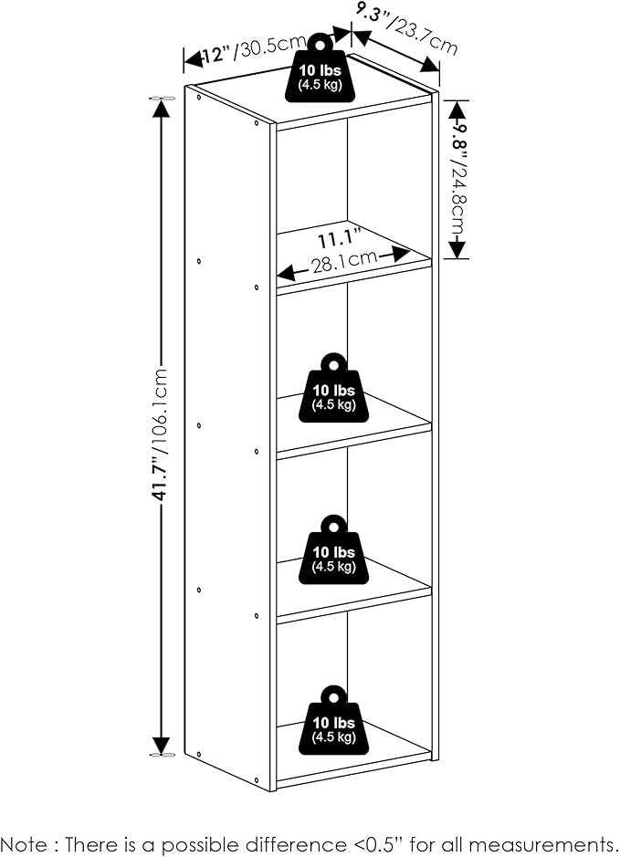 Furinno PASIR Book Shelf, 4-Tier Modern Bookshelf, Open Shelves Bookcase 9" x 12" x 42", for Living Room, Bedroom, Home Office, Amber Pine