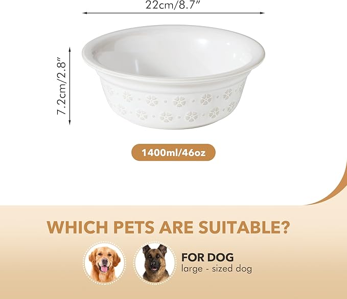 Ceramic 8.7inch Dog Bowl for Large Dog, Basic Food and Water Bowl for Replacement, Wide Opening Rounded Edge(Single Bowls, Reactived Glaze -White)-Mewly Pet
