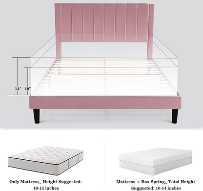 Allewie Queen Bed Frame/Velvet Upholstered Bed Frame with Vertical Channel Tufted Headboard/Strong Wooden Slats/Platform Bed Frame/Mattress Foundation/Box Spring Optional/Easy Assembly/Pink