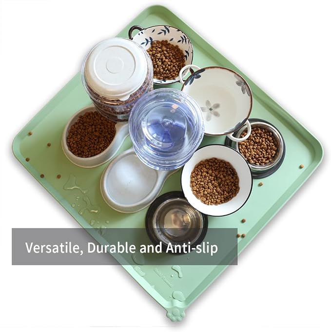 Hoki Found XX-Large Silicone Pet Food Mats Tray - Non Slip Pet Bowl Mats Placemat - Dog Cat Feeding Mat - Waterproof Dog Cat Food Mats -Pet Water Mats for Carpet - Jade-Mewly Pet