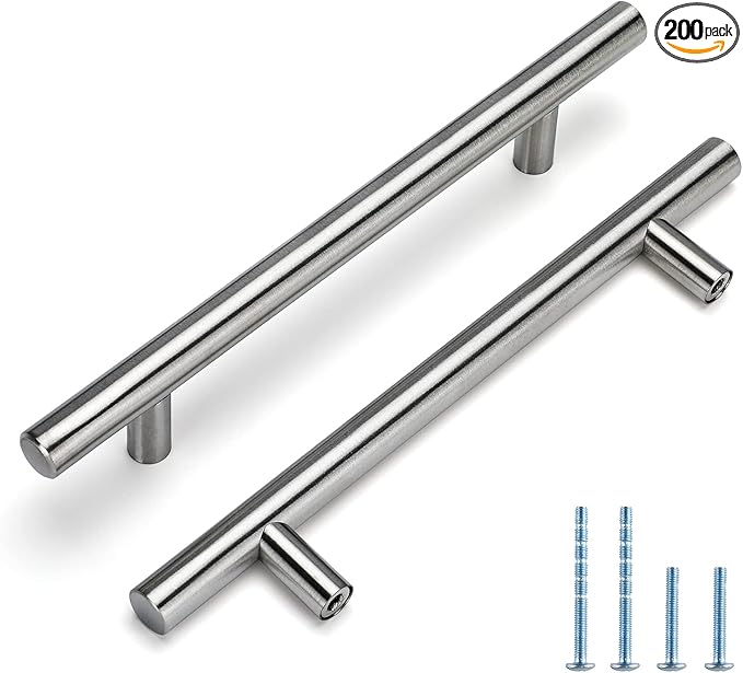 homdiy 200 Pack Drawer Handle Brushed Nickel Kitchen Hardware - HD201SN Cabinet Handles for Kitchen Furniture Hardware Derocative Straight Handle Pull, 8-4/5in Hole Centers