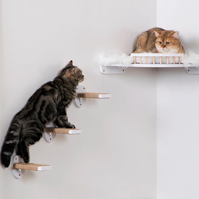 3pcs Wall Mounted Cat Steps, Climbing Furniture, Shelves With Hemp Rope Covered, Solid Wood Ladder for Playing and Climbing (Standard-White)-Mewly Pet