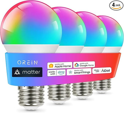OREiN Matter Smart Light Bulb, Smart Light Bulbs Work with Apple Home, Alexa, Google Home, SmartThings, A19 Color Changing Light Bulbs 2.4Ghz WiFi, 800 Lumens Equivalent 60W 4Pack