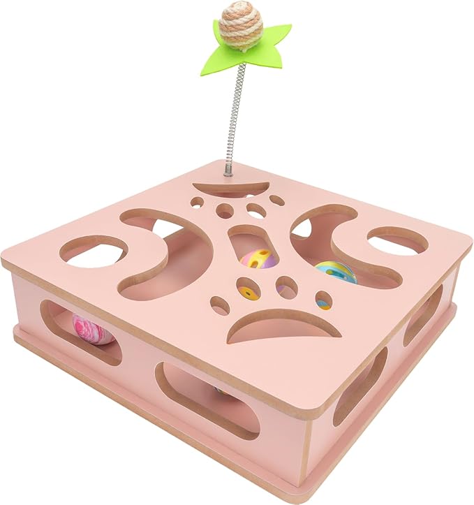 Interactive Wooden Cat Puzzle Toy Box Indoor Hunting Play Toy to Stimulate Your Cat’s Energy and Instincts (Pink)-Mewly Pet