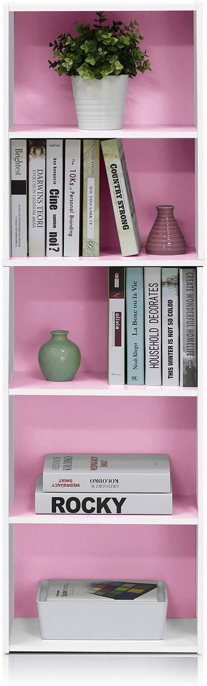 Furinno LUDER Book Shelf, 5-Tier Bookshelf, Bookcase, 9.4" x 15.8" x 52", for Living Room, Bedroom, Home Office, White/Pink