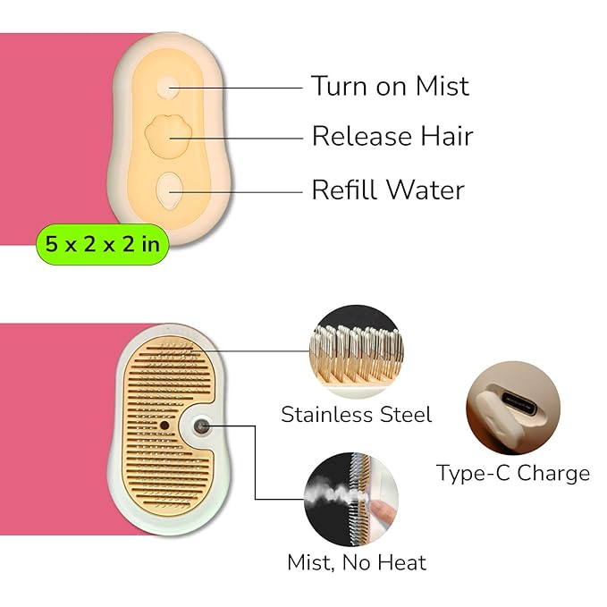 Misty - Moisturizing Pet Comb - Hair Brush with Mist, One-Click Clean, & Stainless Steel Bristles - Anti-Static Deshedding - Smooth Grooming for Cats, Dogs, & Small Pets - No Handle Compact Design-Mewly Pet