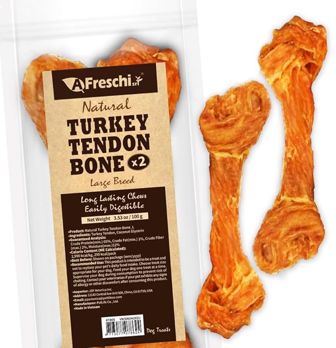 Afreschi Natural Turkey Tendon Bone (L) 3.53 oz, USA-Sourced Turkey Tendon, All Natural Human Grade Dog Chew, Hypoallergenic, Rawhide Alternative, Dog Treats for Large Breeds-Mewly Pet