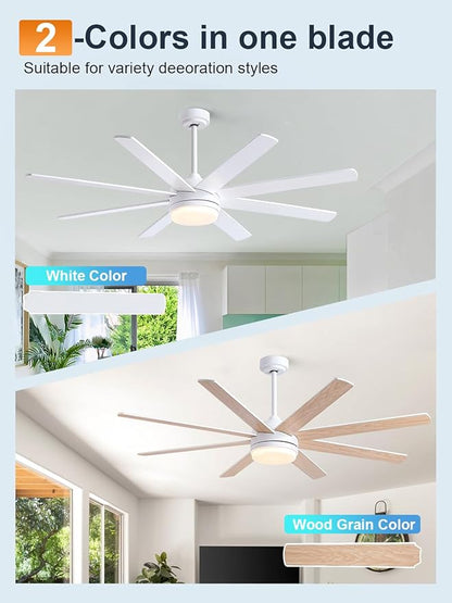 YUHAO 62 Inch White Ceiling Fan with Light and Remote Control.Noiseless,Dimmable,3CCT,6 Speeds Reversible, DC Ceiling Fans for Indoor or Covered Outdoor