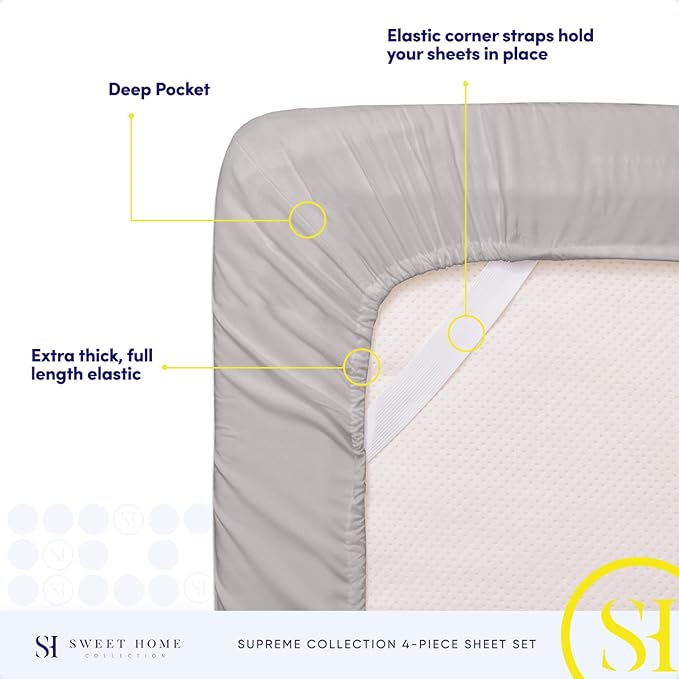 Twin XL Sheets - Breathable Luxury Sheets with Full Elastic & Secure Corner Straps Built In - 1800 Supreme Collection Extra Soft Deep Pocket Bedding Set, Sheet Set, Twin XL, Silver