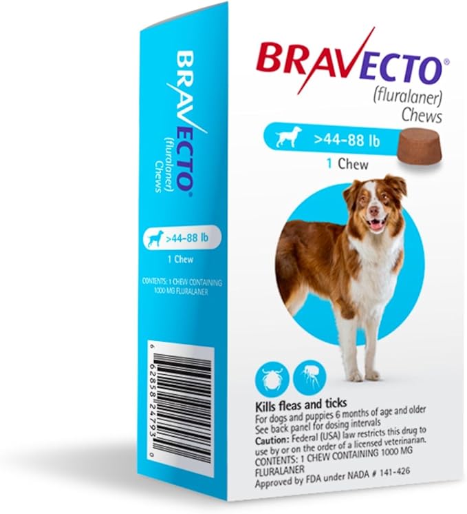 BRAVECTO Chew for Dogs, Flea & Tick, 1 Chew, 12 Week Supply, >44-88 lbs., Blue Box-Mewly Pet