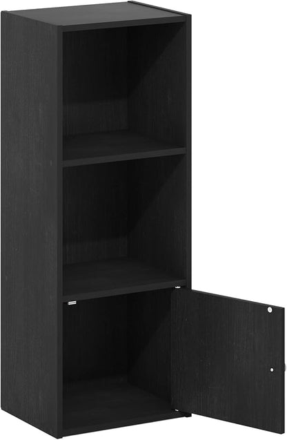Furinno LUDER Book Shelf, 3-Tier Modern Bookshelf, Bookcase with 1 Door Storage Cabinet, 9.3" x 12" x 31.5", for Living Room, Bedroom, Home Office, Blackwood