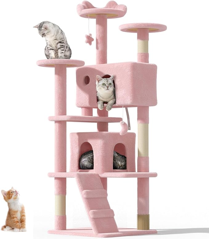 60'' Cat Tree Tower for Indoor Cats Large Adult,Cute/Tall Modern Cat Tree for Big Cats 20 lbs, Plush Multi-Level Cat Condo with Scratching Posts,Dangling for Fun Play (Soft Pink, 60 inch)-Mewly Pet