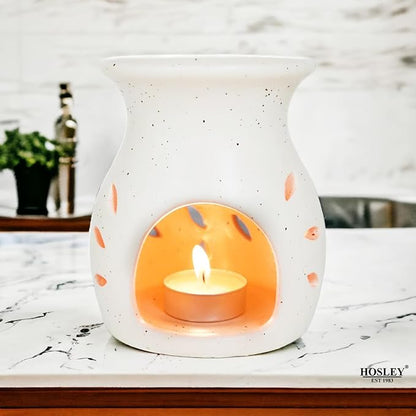 Hosley Elegant Ceramic Oil Warmers with Leaf Pattern and Speckle Design 4.5 Inches High Tealight Compatible for Aromatherapy and Home Decor Set of 6