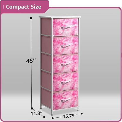 Sorbus Fabric Dresser for Kids Bedroom - Chest of 5 Drawers, Tall Storage Tower, Clothing Organizer, for Closet, for Playroom, for Nursery, Steel Frame, Fabric Bins - Wood Handle (Tie-dye Pink)