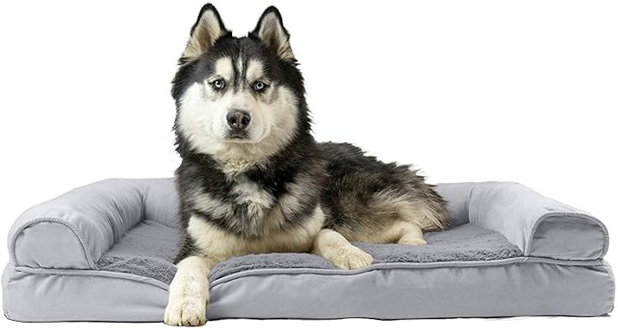 Furhaven Cooling Gel Dog Bed for Large Dogs w/ Removable Bolsters & Washable Cover, For Dogs Up to 95 lbs - Plush & Suede Sofa - Gray, Jumbo/XL-Mewly Pet