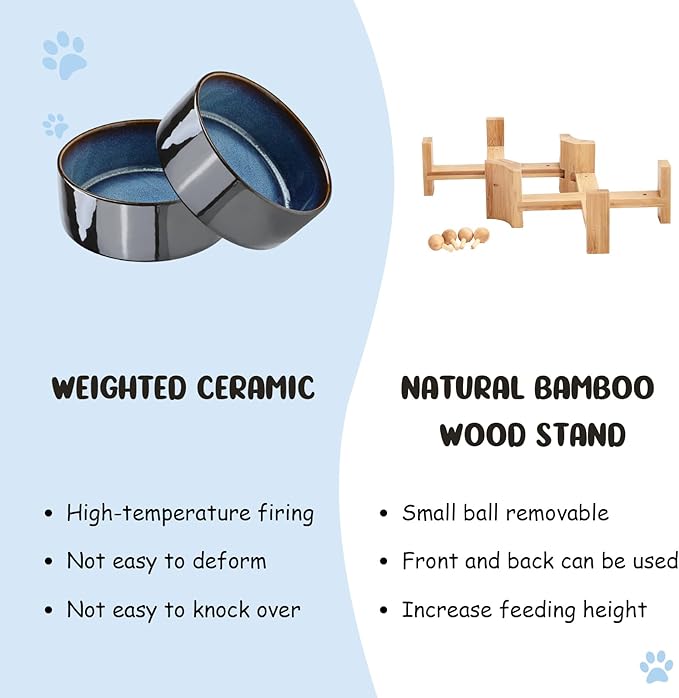 SPUNKYJUNKY 15° Slanted Ceramic Dog and Cat Bowl with Wooden Stand, Tilted Bulldog Food and Water Bowl No Slip Non-Spill for Cats Medium Dogs Big Face Pets 13.5 OZ (1.7 Cups, Starry Blue × 2)-Mewly Pet