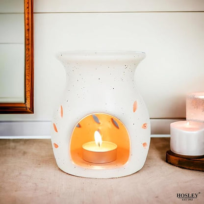 Hosley Elegant Ceramic Oil Warmers with Leaf Pattern and Speckle Design 4.5 Inches High Tealight Compatible for Aromatherapy and Home Decor Set of 6