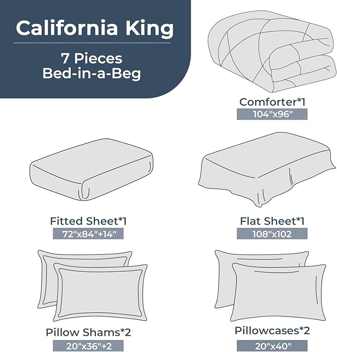 HEVUMYI Cali-King Comforter Set - 7-Piece All Season Bed in a Bag Cali-King, Ultra Soft Bedding Set with Comforter, Flat Sheet, Fitted Sheet, Pillowcases, Pillow Shams, Purple & Light Grey