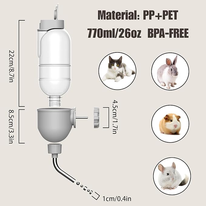 Pet Water Bottle for Cage Crate 26oz Non-Drip Water Dispenser for Small Animal Rabbit Bunny Guinea Pig Chinchilla Ferret Squirrel Hedgehog (Gray, 26oz)-Mewly Pet
