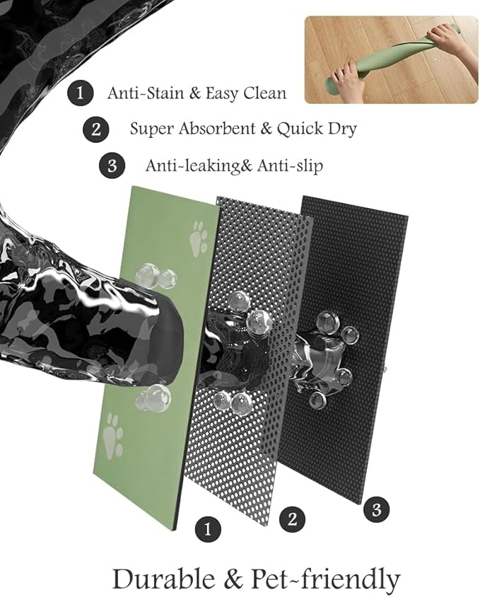 Pet Feeding Mat-Absorbent Dog Mat for Food and Water Bowl-No Stains Quick Dry Water Dispenser Mat-Dog Accessories Pet Supplies-Bowl for Messy Drinkers（Green,23"x34"-Mewly Pet