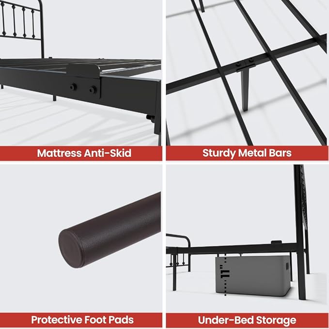 Golden Gate Beds Victorian Vintage Style King Size Metal Bed Frame with Wrought Iron Headboard and Footboard – Classic Platform Bed with 11" Storage Space, No Box Spring Required, Black Finish