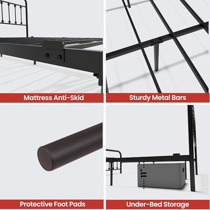 Golden Gate Beds Victorian Vintage Style King Size Metal Bed Frame with Wrought Iron Headboard and Footboard – Classic Platform Bed with 11" Storage Space, No Box Spring Required, Black Finish