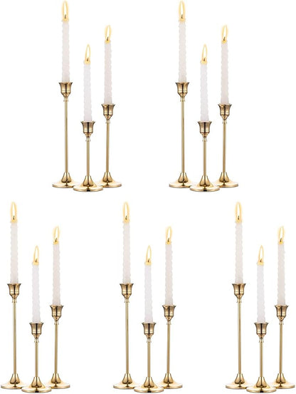 5 Sets(15 Pcs) Brass Gold Metal Taper Candle Holders Candlestick Holders, Vintage Modern Decorative Centerpiece Candlestick Holders for Table Mantel Wedding Housewarming Gift