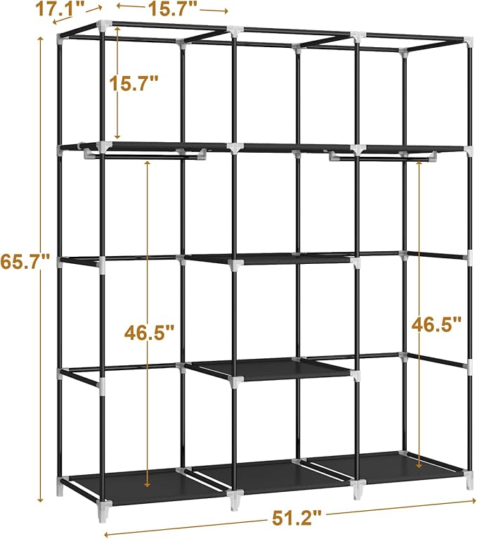 Portable Closet Wardrobe, 51-Inch Clothes Organizer with 2 Hanging Rods and 8 Shelves, Non-Woven Fabric Cover, Medium Capacity Storage for Bedroom and Living Room, Black