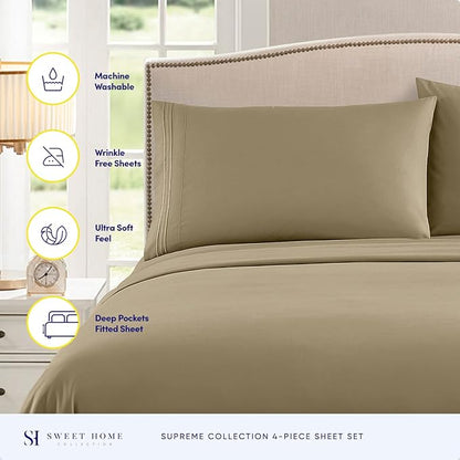 RV Queen Bed Sheets - Breathable Luxury Sheets with Full Elastic & Secure Corner Straps Built In - 1800 Supreme Collection Extra Soft Deep Pocket Bedding Set, Sheet Set, RV Short Queen, Sage