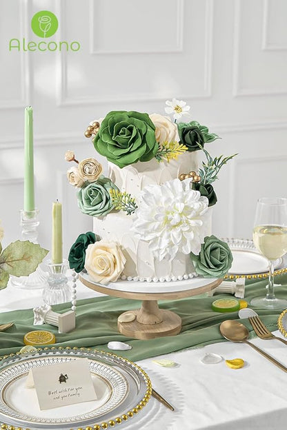 Alecono Artificial Flowers, Silk Fake Green Flowers Combo Box for DIY Cake Wedding Decorations, Faux Flowers for Table Centerpieces Baby Shower Party Home Decor