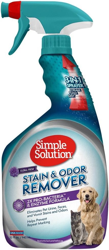 Simple Solution Stain and Odor Eliminator Spray for Dogs & Cats, Enzyme Cleaner With 2X Pro-Bacteria Cleaning Power, Strong Smell Remover for Carpets, Upholstery & Floors, Floral Fresh Scent, 32 oz-Mewly Pet
