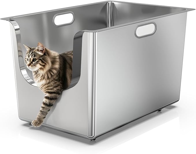 Stainless Steel Litter Box 13.7'' High Sides, XL Metal Cat Litter Box with Curved Low Entry, Cat Litter Pan for Big & Multiple Cats, Pet Toliet with Handy Wheels for Easy Moving-Mewly Pet