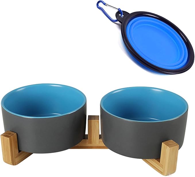 Petygooing Heavy 5.1 in Ceramic Cat Dog Bowls Set with Wood Stand for Food and Water, Non-Slip Cute Modern Pet Dish for Small Size Dogs and Cats (13.5OZ) Medium Sized Dogs (28OZ) Grey Blue-Mewly Pet