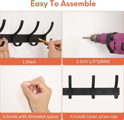 Coat Rack Wall Mount, Coat Hook Wall Mount, Wall Hooks for Hanging, Hat Rack for Walls, Coats Hanger with 10 Hook, Towel Hooks for Bathrooms (2 Pack, Black)