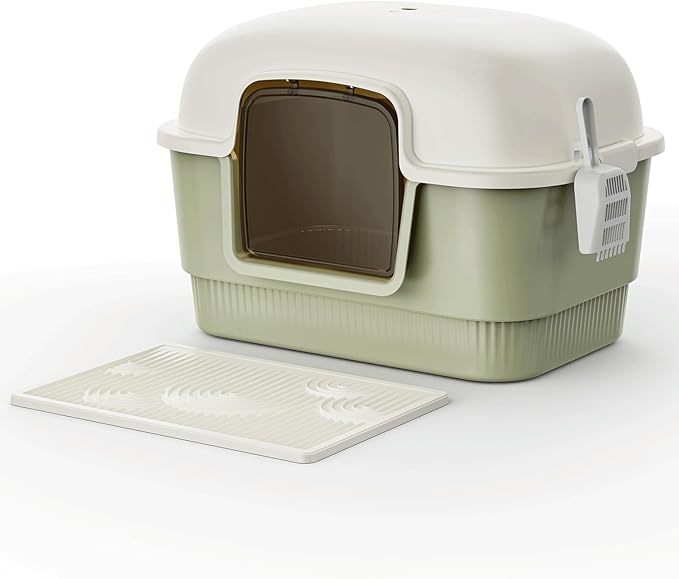 Cat Litter Box with Litter Mat and Scoop,High Wall Enclosed Cat Litter Boxes for Anti-Leakage, Covered Kitty Litter Box with Handle and Buckles for Portability and Privacy, Odor Control (Green)-Mewly Pet