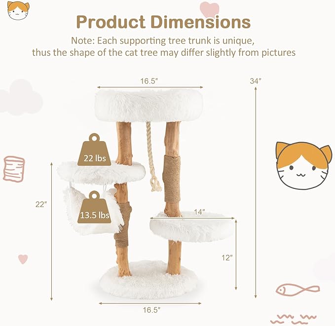 Tangkula Cat Tree Tower, Solid Wood Modern Cat Tower with Cozy Top Perch, 2 Platforms & 1 Hammock, Natural Branch Cute Cat Tree with Scratching Posts & Sisal Rope for Indoor Cats-Mewly Pet