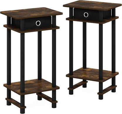 Furinno Turn-N-Tube Tall End Side Night Stand/Bedside Table with Bin Drawer, 2-Pack, Amber Pine/Black/Black