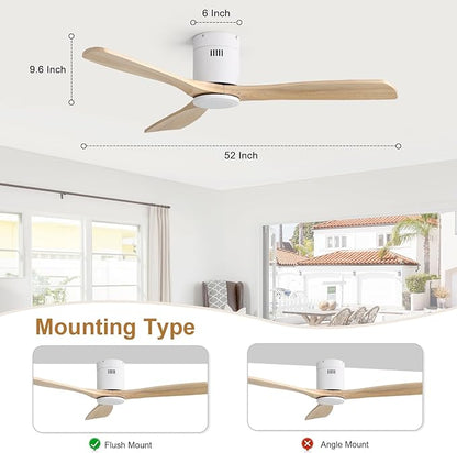 Sofucor 52 Inch Ceiling Fan No Light, Solid Wood Ceiling Fans Without Lights Remote Control, Reversible DC Motor, 6-Speed, Flush Mount Indoor/Outdoor Ceiling Fans for Patios, Bedroom and Farmhouse